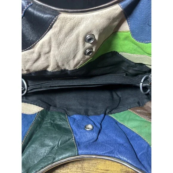 Patchwork Leather Purse Vintage Handmade Hong Kong Silver Tone Eye Arch Handle - Picture 8 of 14